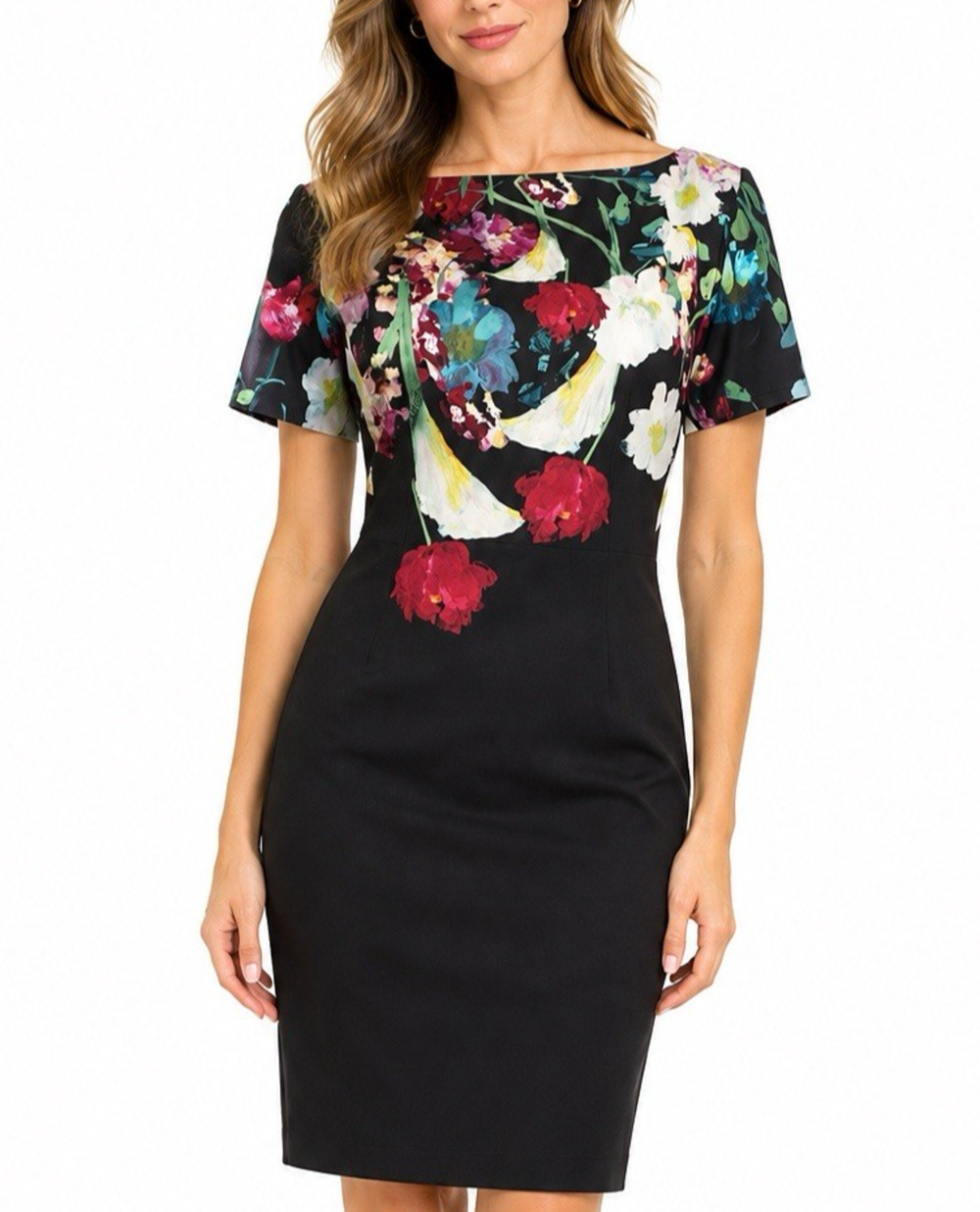 St John Silk Dress Black Short Sleeve Floral Knee Length Satin Lined Boat 6 S